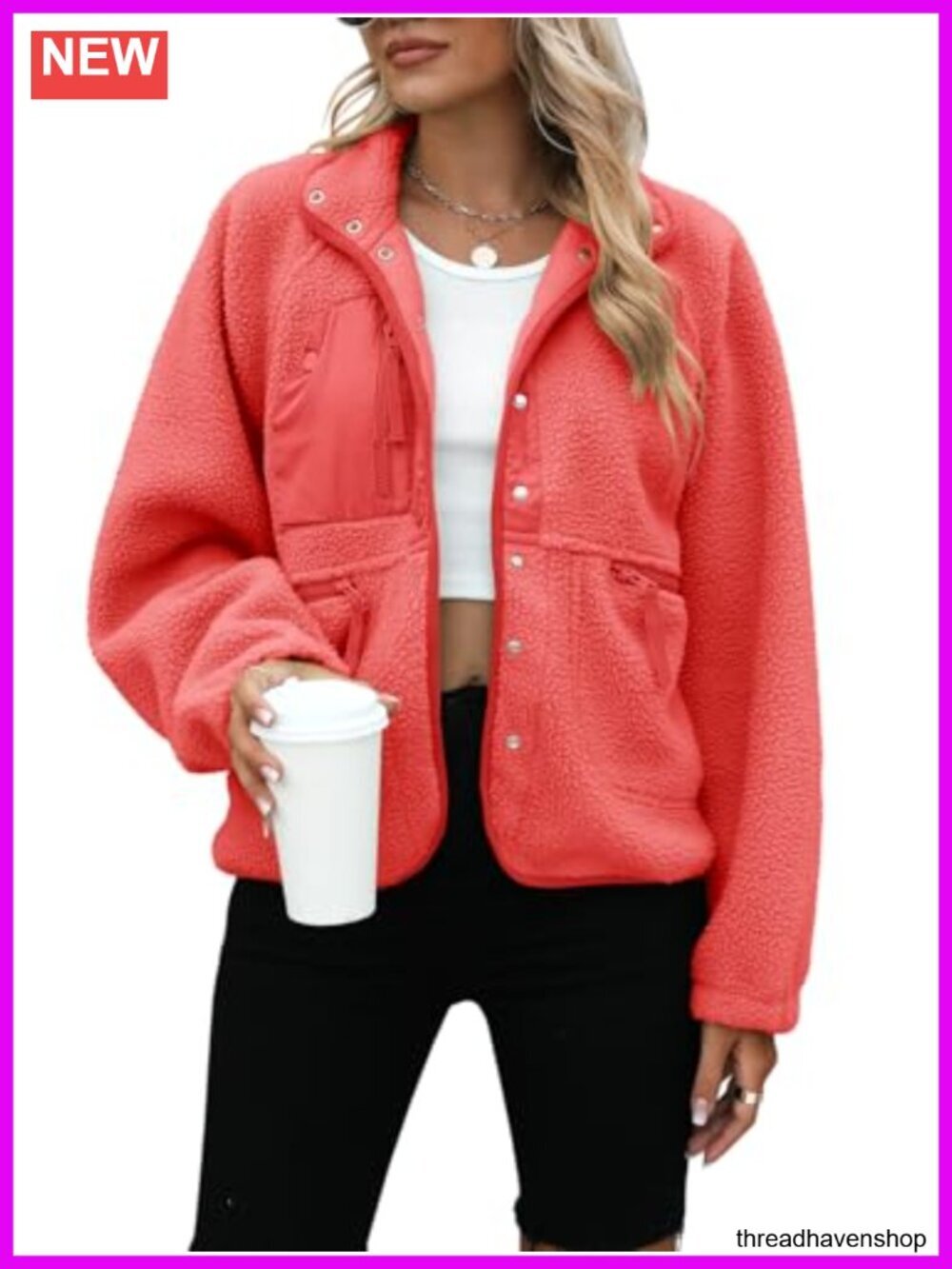 Women's Fuzzy Fleece Button Down Jacket Sherpa Coat with Pockets